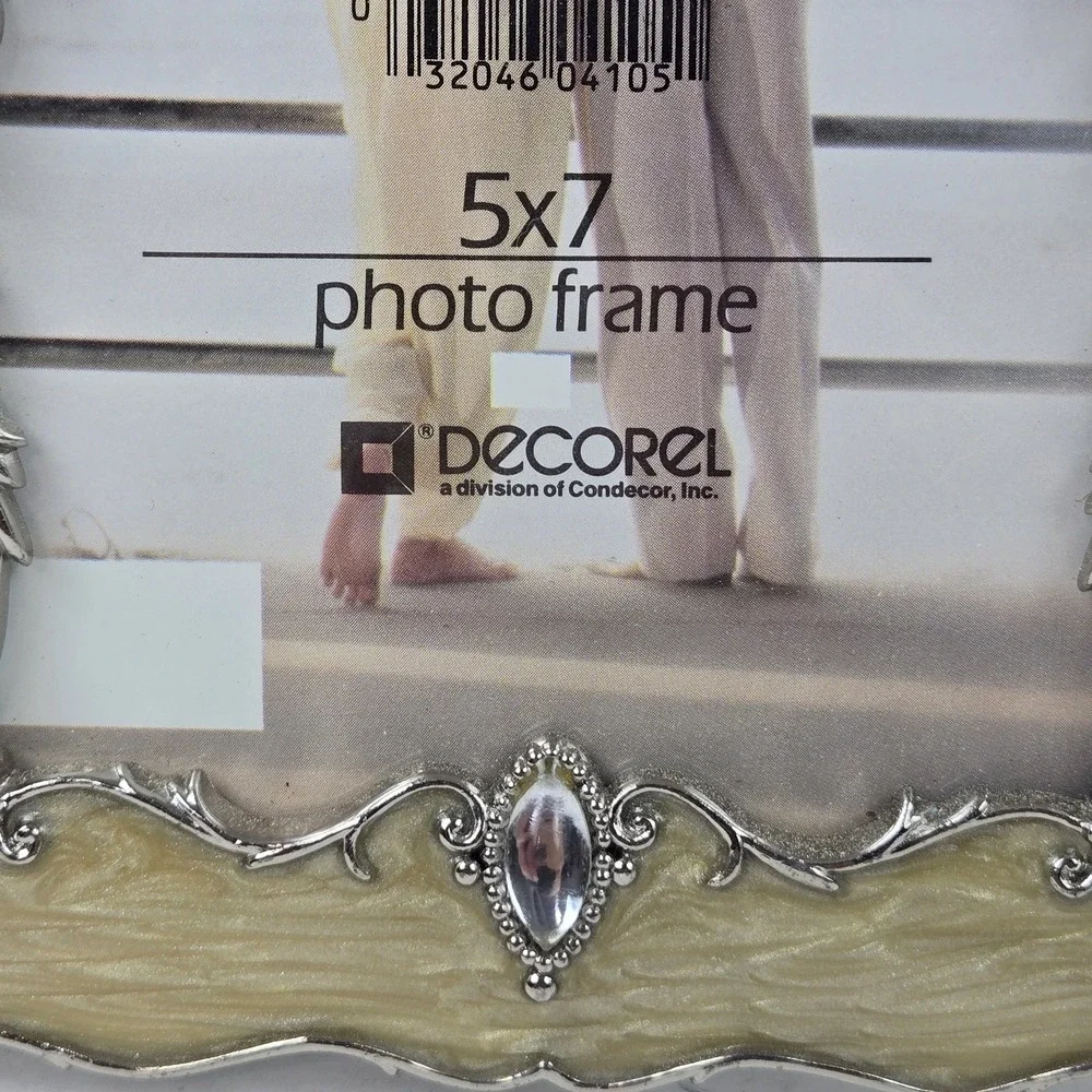 Decorel 5x7 Ornate Filigree Photo Frame Beige Enamel and Jewels Free Standing